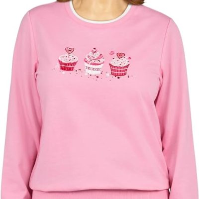 Alfred Dunner Women's Cupcakes Embroidered Crew Neck Pullover Sweatshirt