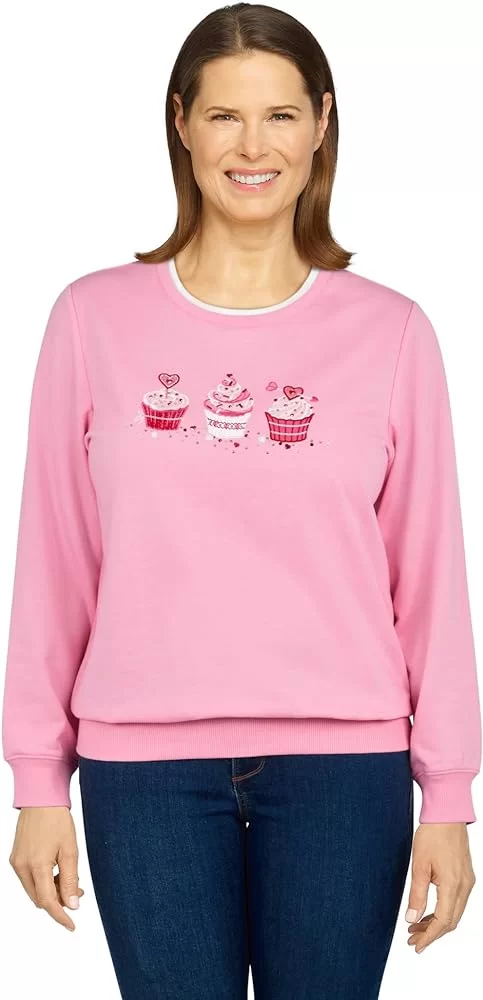 Alfred Dunner Women's Cupcakes Embroidered Crew Neck Pullover Sweatshirt