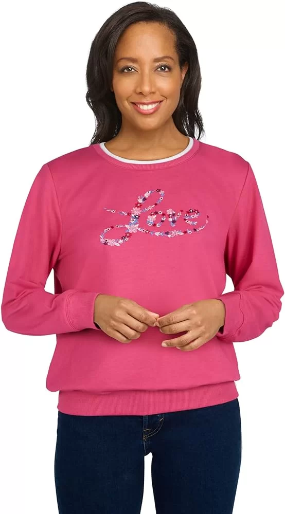 Alfred Dunner Women's Love Embroidered Crew Neck Pullover Sweatshirt