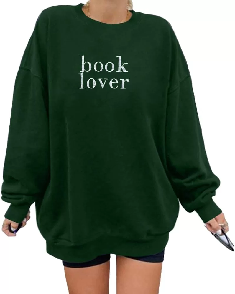 Book Lover Embroidered Sweatshirt Women Funny Reading Book Long Sleeve Shirt Casual Teacher Pullover Tops