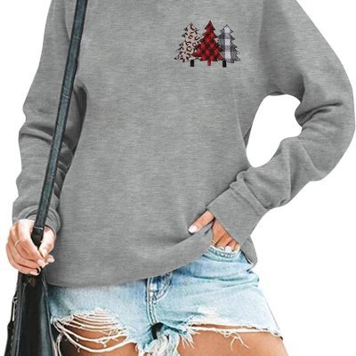 Christmas Sweatshirts For Womens Embroidered Christmas Trees Pullover Leopard Print Plaid Graphic Causal Tops Grey