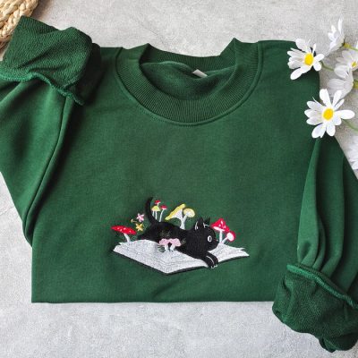 Cute Black Cat And Books Embroidered Sweatshirt
