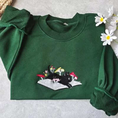 Cute Black Cat And Books Embroidered Sweatshirt