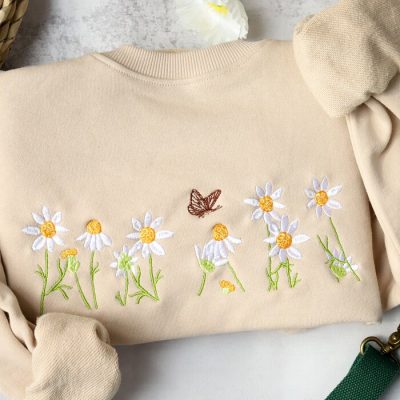 Daisies And Butterfly Embroidery Sweatshirt