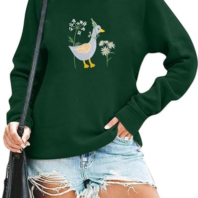 Duck Embroidered Sweatshirt Women Cute Daisy Graphic Shirt Fall Long Sleeve Pullover Animal Tops