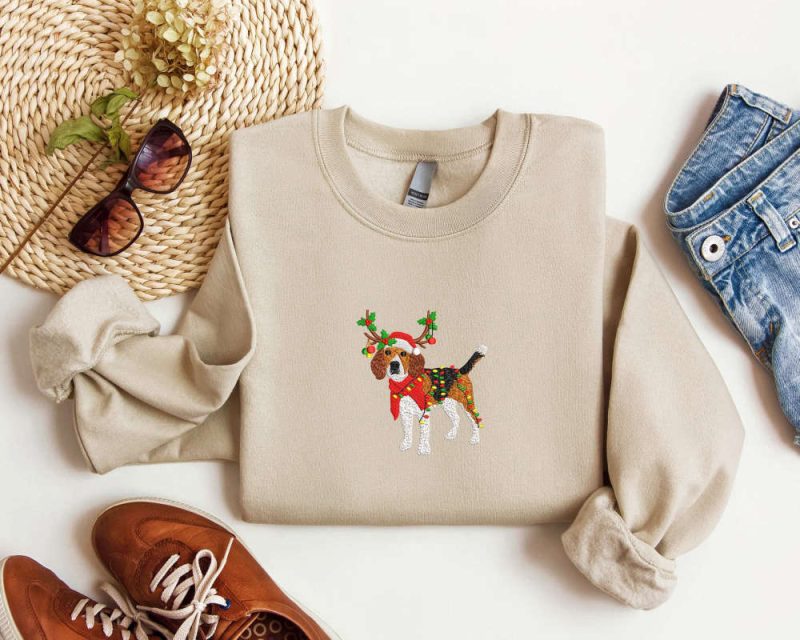 Embroidered Beagle Dog Reindeer Christmas Sweatshirt