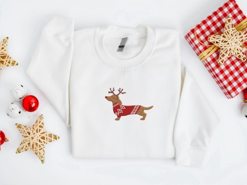 Embroidered Christmas Dog Sweatshirt Embroidered Dachshund Reindeer Dog Weater For Family
