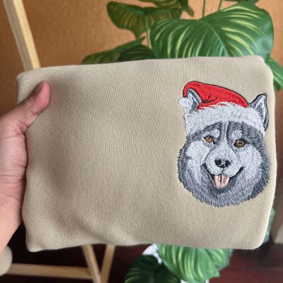 Embroidered Christmas Dog Sweatshirt Siberian Husky Christmas Sweatshirt For Family