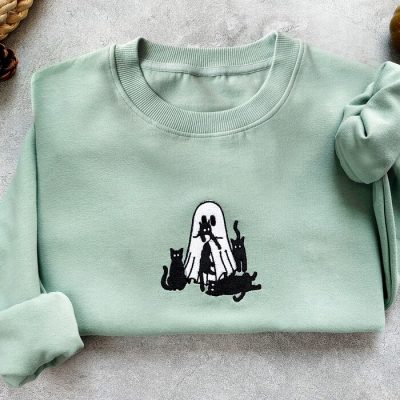 Embroidered Ghost And Cat Sweatshirt