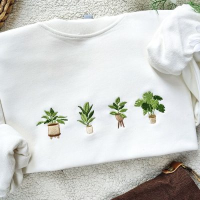 Embroidered Green Potted Plant Sweatshirt