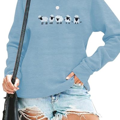 Embroidered Sheep Sweatshirt For Women Cute Farm Shirts Funny Animal Sweater Fall Casual Long Sleeve Tops