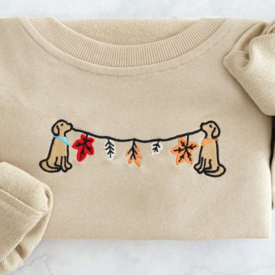 Fall Leaves Dog Embroidered Sweatshirt 2D Crewneck Sweatshirt For Family