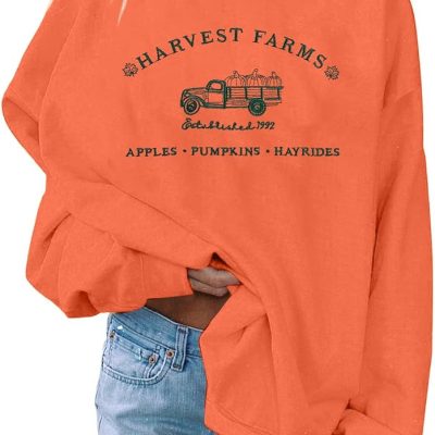 Fall Sweatshirt For Women Harvest Farms Embroidered Sweatshirts Vintage Farm Pumpkin Long Sleeve Pullover Top