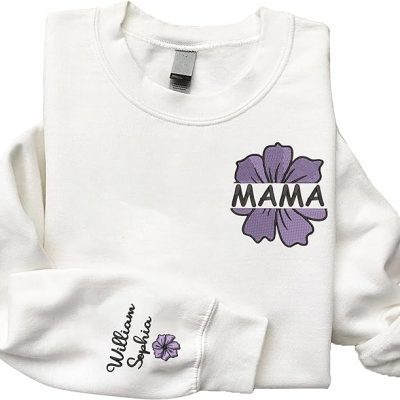 Givesmiles Personalized Embroidered Mama Flower Purple Sweatshirt And Hoodie