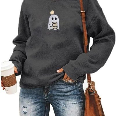 Halloween Ghost Coffee Sweatshirt Women Embroidered Spooky Long Sleeve Shirt Crewneck Halloween Pullover Top