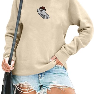 Halloween Sweatshirt For Women Western Ghost Embroidered Crewneck Long Sleeve Shirt Spooky Season Pullover Top