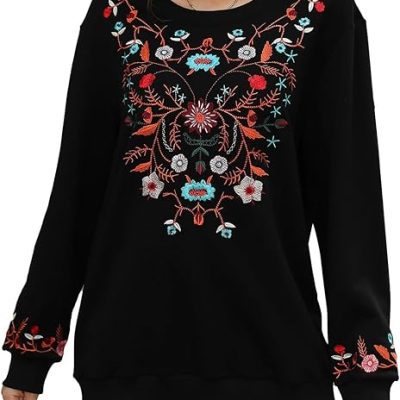 Higustar Women's Embroidered Sweatshirt Mexican Boho Long Sleeve Crewneck Pullover Bohemian Clothes Mama Fall Outfits
