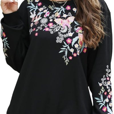 Lauraklein Floral Embroidered Women's Fashion Hoodie Mexican Stylish Fall Sweatshirt For Women Casual Long Sleeve Pullover