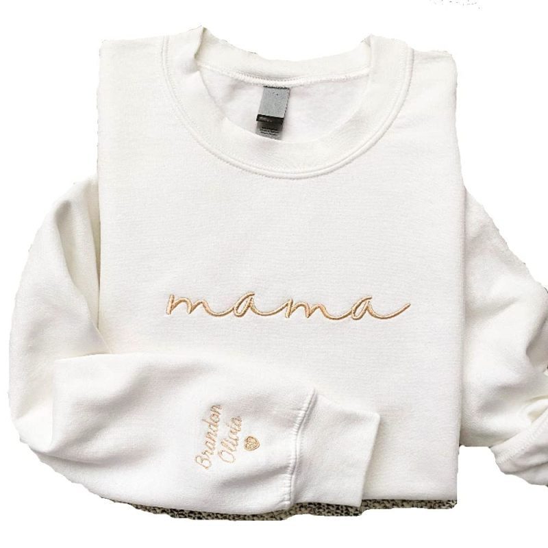 Mama Embroidered Sweatshirt - Mama Crewneck Shirt - Gift For New Mom Custom Mom Shirt With Kids Names On Sleeve - Mother's Day Gift