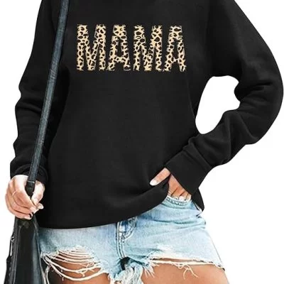 Mama Sweatshirt Women Leopard Print Embroidery Mom Life Pullover Top Casual Long Sleeve Blouse Tee