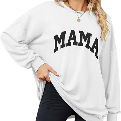 Micoson Women Oversized Crewneck Sweatshirt Embroidered Tops Long Sleeve Batwing Pullover Drop Shoulder Hoodie