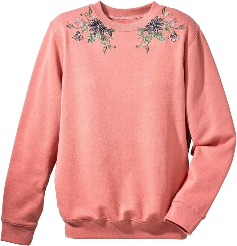 National Women's Floral Embroidered Fleece Sweatshirt - Warm & Cozy Long Sleeve Shirt