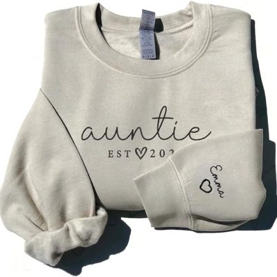 Personalized Embroidered Auntie Sweatshirt With Kids Names Sleeve