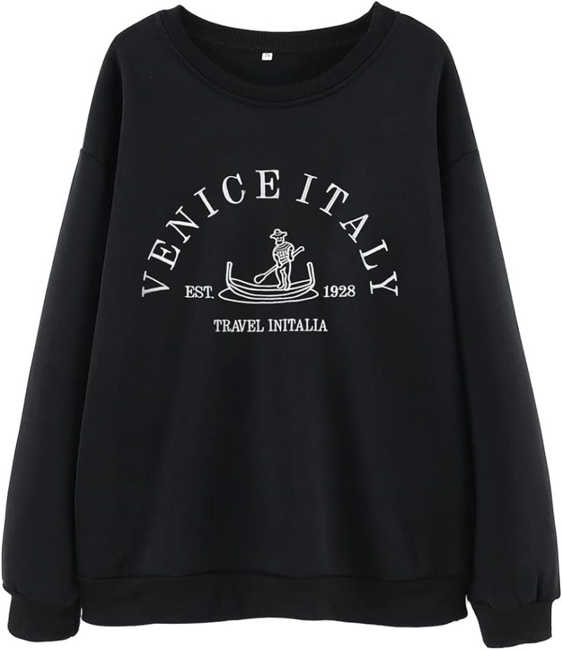 Ritatte Women's Casual Crewneck Sweatshirts Venice Italy Letter Graphic Embroidered Long Sleeve Oversized Pullover Tops