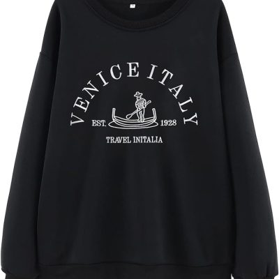 Ritatte Women's Casual Crewneck Sweatshirts Venice Italy Letter Graphic Embroidered Long Sleeve Oversized Pullover Tops
