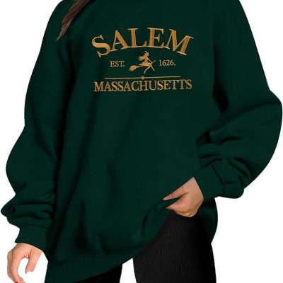 Salem Massachusetts Oversized Sweatshirt Women Graphic Embroidered Sweater Shirts Fall Winter Holiday Crew Neck Tops