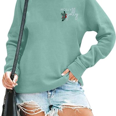 Women Christmas Sweatshirts Holly Jolly Christmas Tree Embroidered Crewneck Sweater Long Sleeve Pullover Top