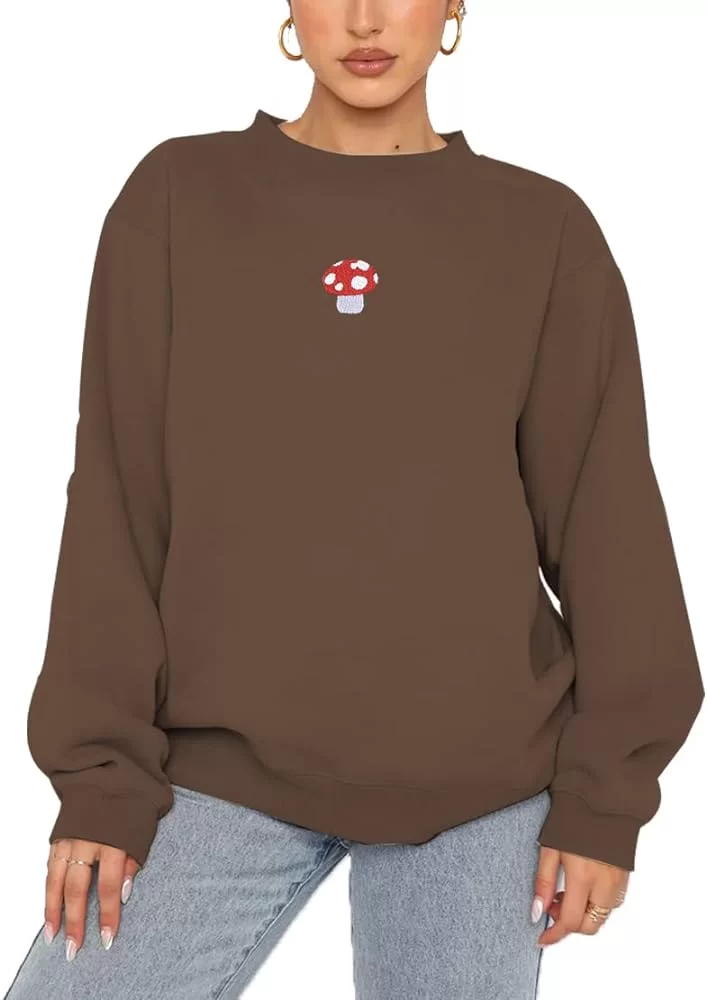 Women Cute Mushroom Embroidered Sweatshirt Fleece Lined Casual Oversized Long Sleeve Crewneck Pullover Tops