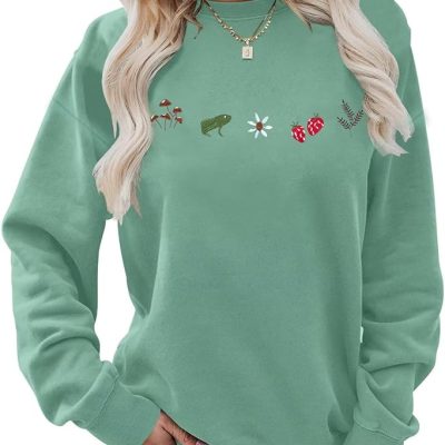 Womens Cottagecore Sweatshirt Embroidered Mushrooms Frog Pullover Shirt Vintage Aesthetic Botanical Long Sleeve Top