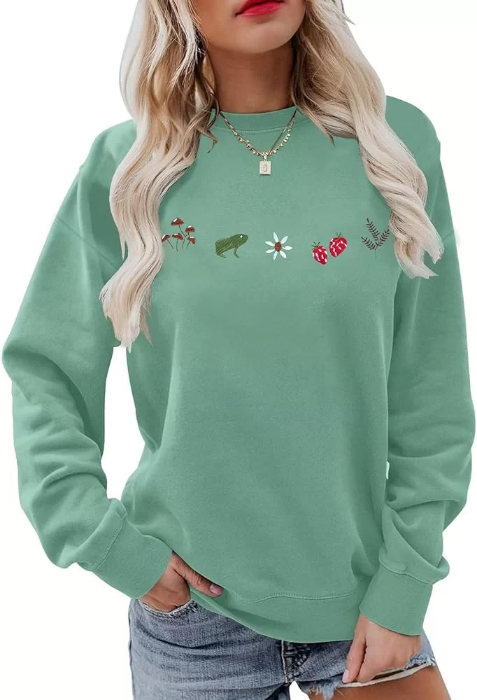 Womens Cottagecore Sweatshirt Embroidered Mushrooms Frog Pullover Shirt Vintage Aesthetic Botanical Long Sleeve Top