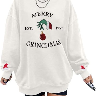 Womens Grinchmas Sweatshirt Merry Christmas Oversized Sweatshirts Embroidered Crewneck Long Sleeve Pullover Xmas Gift