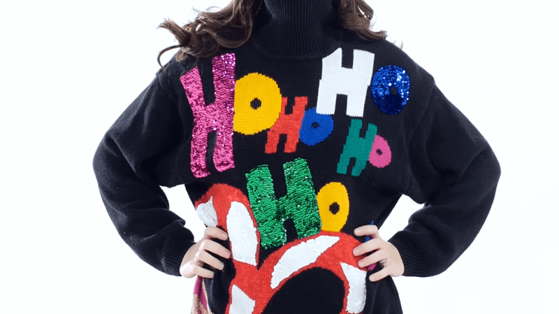 embroidered sweatshirt with colorful ho ho ho motifs