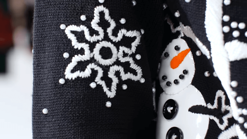 A black embroidered christmas sweatshirt with snow and snowman design