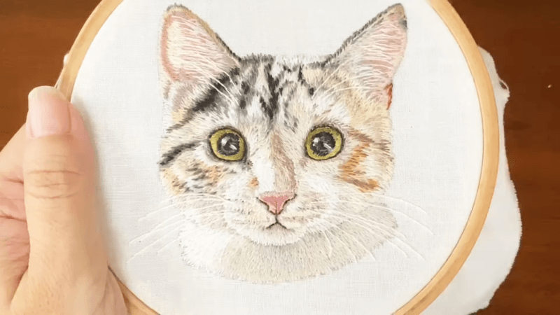 Embroidered cat portrait pattern on white an embroidered sweatshirt