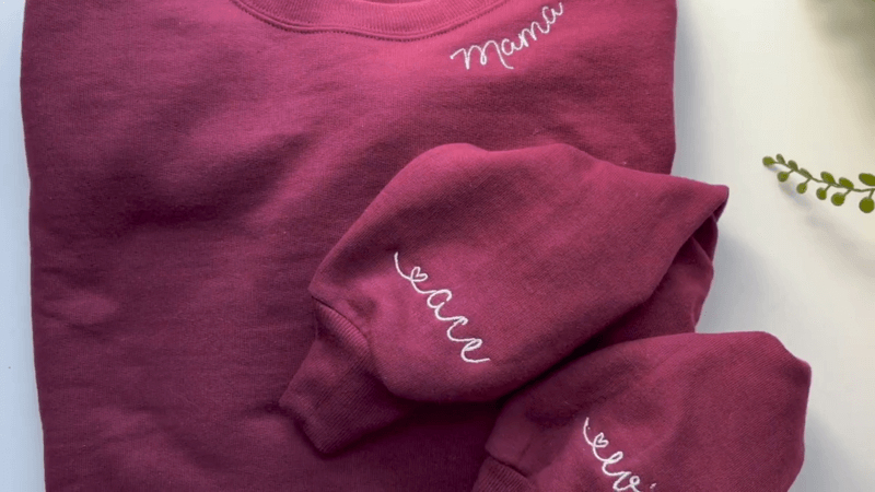 pink embroidered sweatshirt with text mama